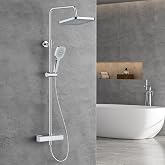 FORIOUS Thermostatic Shower Faucet Set, Stainless Steel Shower Column Set with Overhead Square Rain Shower, 25 cm, Hand Showe