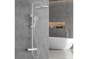 FORIOUS Set Grifo de Ducha Termostático, Set Columna de Ducha de Acero Inoxidable con Ducha de Lluvia Overhead Cuadrada de 25 cm, Ducha de Mano con 3 Tipos de Chorro,Barra de Ducha Ajustable en Altura