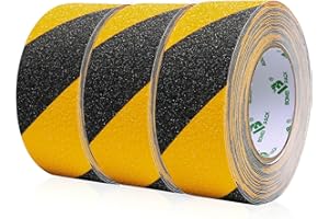 BOMEI PACK 3 Rolls Yellow and Black Anti Slip Tape 50mm x 10m High Traction Strong Grip Safety Stair Treads Self Adhesive Non-slip Warning Tape