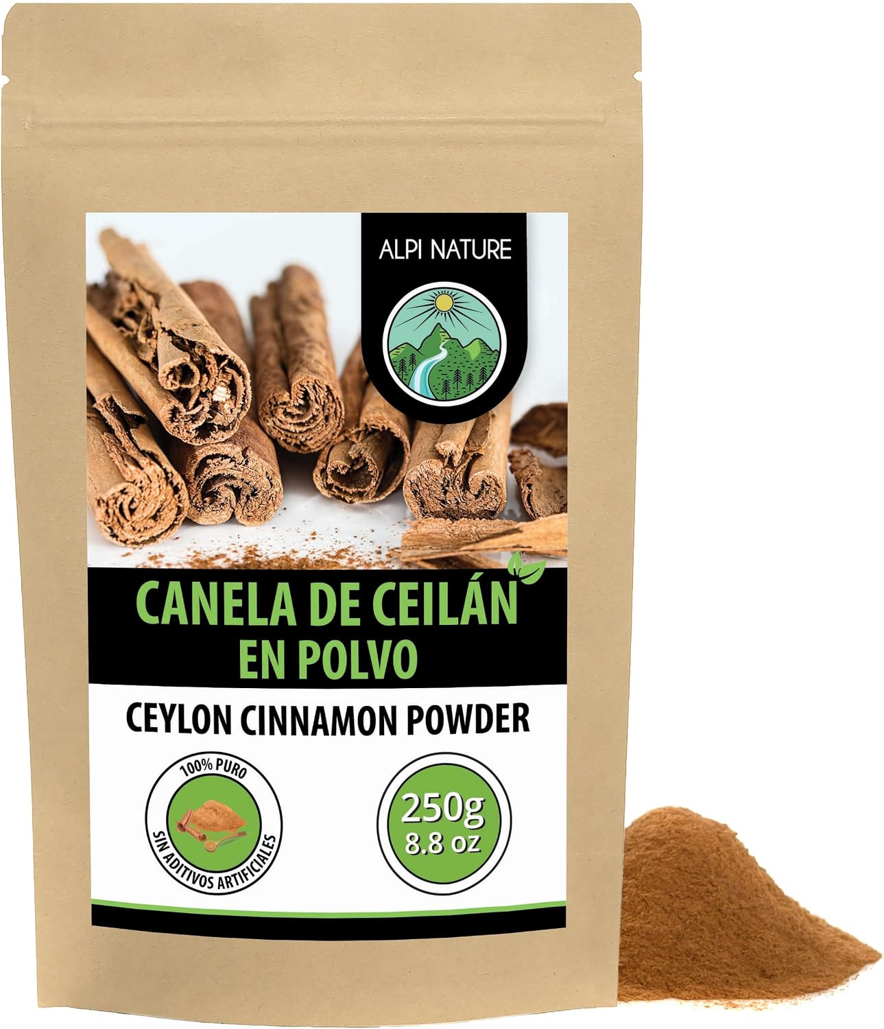 Alpi Nature Canela de Ceilán en Polvo 250g, Palitos de Canela de Ceilán Molidos en Polvo
