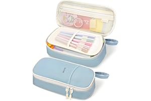 SUNEE Federmäppchen mit großer Kapazität, Ästhetische Mäppchen mit Fächern und Griff, Tragbare Federtasche und Federmappe für Schule, Büro, Mädchen, Jungen, Teenager & Erwachsene, Hellblau