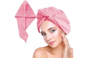 OLICKY Haarturban, Turban Handtuch mit Knopf, Mikrofaser Handtuch für Kopf und Lange Haare (Rosa)