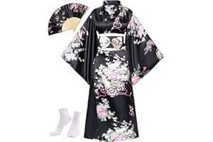 ELIBELLE Japanese Anime Women's Long Kimono Robe Fancy Dress Hand Held Silk Folding Fans Tabi Socks set Plus size