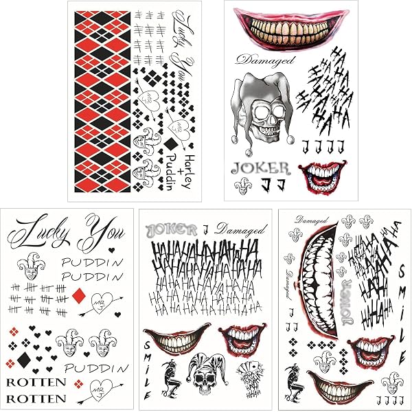 5 Feuilles De Tatouages Temporaires Halloween Joker/Clown - Idéal Pour Déguisement, Mascarade Et Cosplay - 9