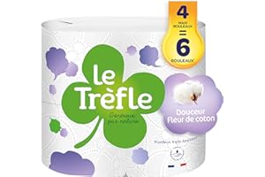 Le Trèfle® Douceur Fleur de coton - Papier toilette - 4 maxi rouleaux = 6 rouleaux classiques –Lotion aux extraits de coton - Emballage recyclable – certifié FSC® Mixte