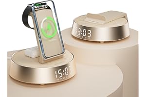 COLSUR 6 en 1 Cargador Inalámbrico para i Phone 17-11, Altavoz Bluetooth con Radio Despertador Cargador para A pple Watch, Wireless Charger con Ajustable Luz Nocturna Regalo Hombre