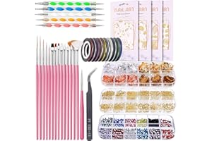 Czemo 38PCS Kit de Accesorios Decoración Uñas Nail Art,15pcs niña Pinceles para Uñas,10pcs Rollos de Cintas Adhesivas,5pcs de