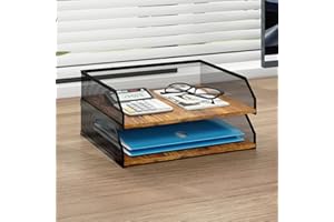 PUNCIA 2 Tiers Stackable Paper Tray for Desk Organiser, Metal Mesh Filing Rack with Wooden Board Letter Holder Post Sorter Document Shelf Stationery Stand for Home Office Study Classroom Retro