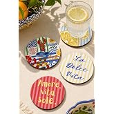 İtalyan Temalı Bardak Altlığı 4'l&uuml; Set - Sicilya Temalı - 9 cm, 3 mm MDF, UV Baskı, Dekoratif, Yuvarlak, Ahşap
