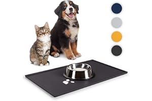 Everanimals podkładka pod miski dla kota 40x60 cm - mata pod miski dla psa z podniesionym rantem - wodoodporna mata pod miski dla psów - podkładka dla kota z silikonu - mata na jedzenie - czarna
