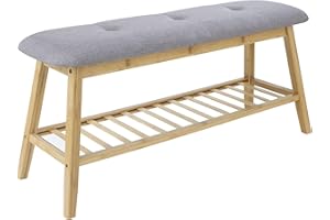 House & Homestyle Hallway Shoe Storage Bench - Natural Bamboo Shoe Rack with Comfortable Cotton Seat - H44cm x W100cm x D30.5cm - Grey