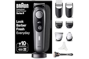‎BRAUN Braun Barttrimmer Series 9, Elektrischer Bartschneider Herren mit 10 Barber-Tools, Ultrascharfe ProBlade Klinge, 180 Min Akkulaufzeit, Kabelloser Bartrasierer, 40 Längen, Wasserdicht, BT9420, Grau