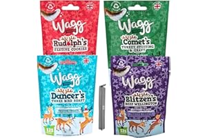 Dog Treats Bundle With 4x Bags of Wagg Treats Including Blitzen, Comet, Rudolph, Dancer and Korpas Signature Gifts Bag Clip