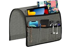 Hokibero Remote Caddy for Couch Sofa Armrest Organizer Cover Couch Chair Arm Caddy Newspaper Storage for Tablet, Magazine, Phone, iPad, 5 Pockets Grey