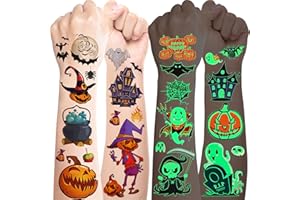 BOYATONG 20 hojas de tatuajes de Halloween para niños, tatuajes de cara luminosa como decoración de Halloween, disfraces, niñas, niños, accesorios, tatuajes infantiles, juguetes, fiestas, juegos, regalos