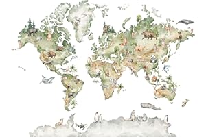 WALLARENA Papel Pintado Infantil Mapa Mundi Animales - impresión de látex - Incluye Pegamento - Fotomurales Pared Tejido No Tejido Decorativos Murales Fotográfico XXL Moderno Decoración de Paredes (312x219 cm)