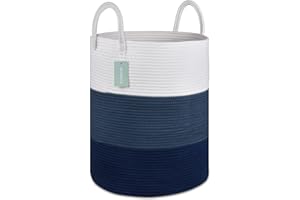 BOSROTY Large Blanket Basket, Tall Laundry Hamper 65L, Nursery Basket with Handles for Storage Toys Clothes Towels, Cotton Rope Woven Organiser, 40 x 50 CM, White & Cadet Blue & Navy Blue