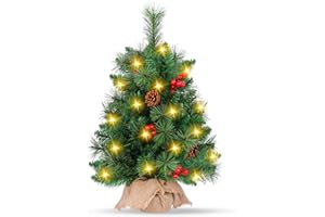 NAMOUK Arbol de Navidad Pequeño Artificial, 55 cm Mini Arbol de Navidad con Luces, 78 Ramas con Piñas, Bayas, Base de Tela, 20 Luces LED Decoraciones Navideñas para Mesa Oficina, Salón, Alféizar de Ventana