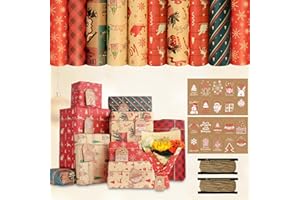 Papel de Regalo Navidad Kraft, Juego de 10 Hojas de 70 cm x 50 cm con 20 Etiquetas para Regalos, 2 Cordeles de Yute, Papel de Regalo Navideño para Mujeres, Hombres, Niñas y Niños.