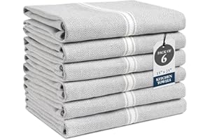 LANE LINEN Kitchen Towel Set - 100% Cotton, Absorbent, Grey Chambray Striped Dish Towels, 14” x 25”, 6-Pack