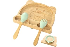 Coptiner Children's Dinner Plate with Secure Suction|Baby Toddler Plate for Weaning and Feeding|Natural Bamboo Divided Plates, Forks & Spoons Set for Babies from 3 Months (Bear)
