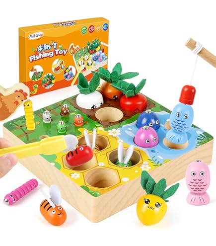 Juguetes Montessori 3 En 1 De Madera Para Niños 1-4 Años | Apilador Geométrico, Juego De Pesca Y Abejas, Educativo