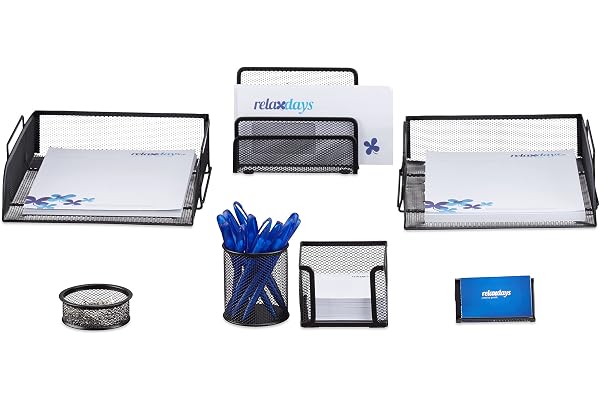 Relaxdays Set 7 fournitures de bureau pot punaises pot crayon bloc notes cartes de visite courrier métal surfaces, noir