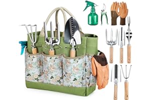 GRENEBO Heavy Duty Garden Tools Set, 9-Piece Stainless Steel Rust-Proof Gardening Kit with Non-Slip Ergonomic Handles & Durable Storage Tote Bag, Gardening Gifts for Women Men, Indoor/Outdoor Plant Tools