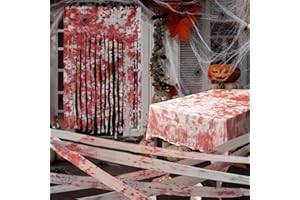 ILMFMY Halloween Deko Set – Blutige Tischdecke 2,15x1,52m, Türvorhang 1,65x1m, 10m Bandage, 20g Spinnweben & 20 Spinnen – Komplett-Set für Gruselige Party Deko in Haus, Garten & Spukhaus