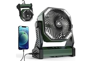 KITWLEMEN Camping Fan with LED Lantern, 20000mAh Rechargeable Battery Operated Outdoor Tent Fan with Light & Hook, 270° Pivot, 4 Speeds, Personal USB Desk Fan for Camping, Power Outage, Hurricane(Army Green)