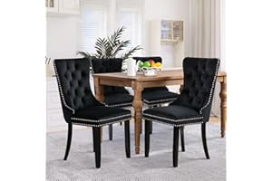 SoarFlash Ensemble de 4 Chaises de Salle à Manger en Velours, avec Dossier à Ailes tapissé, piquetage à Boutons, Garniture rivetée, Anneau décoratif de Dossier et Jambes en Bois, Noir
