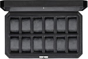‎ROTHWELL ROTHWELL 12 Slot Leder Uhrenbox - Luxus Uhrengehäuse Display Organizer, Herren Aufbewahrungsboxen Halter Große Glasplatte (Schwarz/Grau)