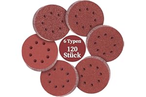 ALPXUXP 120 Pezzi Dischi Abrasivi 125mm,Rotondi Carta Vetrata Abrasiva 8 Fori in Rosso,per Levigatrice Orbitale(Grana 40/60/80/120/180/240 x20)
