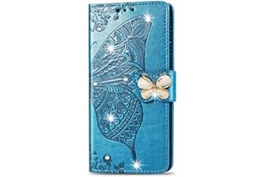 Reevermap Nokia 3.4 Case Glitter Cystal Flip PU Leather Phone Cover for Nokia 3.4, Shockproof Wallet Card Slots Butterfly Embossed Gems Bling Shiny Magnetic Clasp Kickstand, Blue