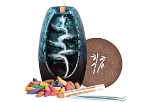 ‎RONLAP Ronlap Rückfluss Räucherstäbchenhalter Wasserfall, Keramik Aromatherapie Ornament Wohnkultur Räuchergefäß Halter mit 120 Rückfluss Räucherkegel + 30 Räucherstäbchen, Blau