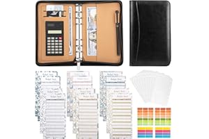 DUOUPA Planner Binder con mini calculadora, organizador de dinero de piel A6 con hojas presupuestarias, sobres de plástico transparente, etiquetas de etiqueta, pegatinas para ahorrar dinero (negro)