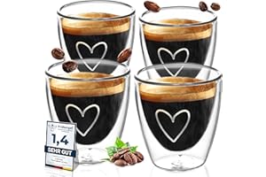 ElbFuchs® Juego Tazas cafe espresso [4x80ml] Vasos de Doble Pared Cristal | Chavenas cafe | Vasos de cafe cistal,expresso | Regalo original mujer cumpleaños, amiga, madre, boda para novios