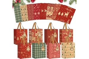 Agoer 24 Bolsas Regalo Papel Navidad,8 Estilos Bolsas de Regalo para Navidad Kraft con 24 Etiquetas y 10 M de Cordel,Sacos Navideños para Envolver Regalos, Fiestas Navideñas(23x17.5x9cm)