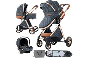 Nine point nine Trio Passeggino Neonati, Passeggino 3 in 1 con Doppia Modalità Spinta Reversibile, Carrozzina per Neonati con Grande Nacelle, Passeggino Trio con Telaio in Alluminio (V9 Blue)