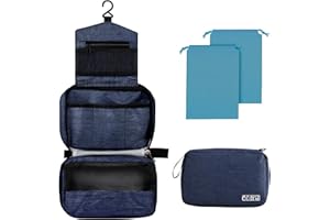 Larkumio Beauty Case Donna Uomo da Viaggio Grande Impermeabile, Borsa da Toilette Beautycase Porta Trucchi con Gancio e Maniglia, 1 Portatrucchi + 2 Borse con Coulisse, Blu Scuro