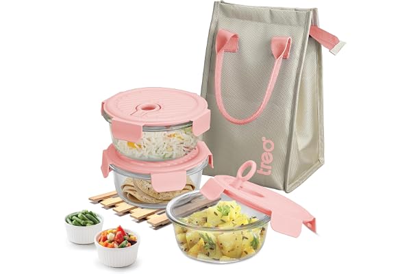 Treo by Milton Lumino Fresh Round Borosilicate Glass Lunch Box Set of 3, Peach Lid, 400 ml Each with Lunch Bag, Microwave & Dishwasher Safe, Leak Proof Containers Office Tiffin