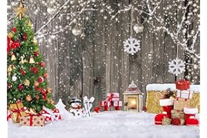 LYWYGG 7X5FT Christmas Photography Backdrop Winter Gift Wood Background Xmas Eve Holiday Party Backdrops Supplies Cake Table Banner Home Decoration Snowman Santa Backgrounds CP-376