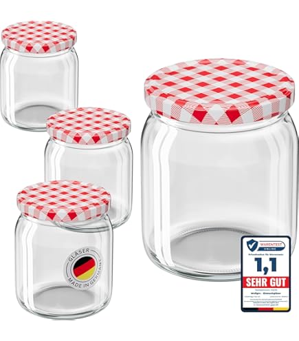 KADAX Weckpotten, 900 ml, inmaakpot om in te doen, inmaakpotten voor schroefdeksel, inmaakpot, voorraadpot, conservenglas (8 stuks, rood geruit
