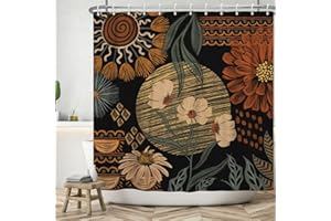 ASDCXZ Duschvorhang 180x200 cm Boho Style, Retro Abstrakt Kunst Blume Blätter Schwarz Kleine Bad Waschbar Duschvorhänge Polyester Textil Wasserdicht Duschvorhang für Badewanne mit 12 Haken
