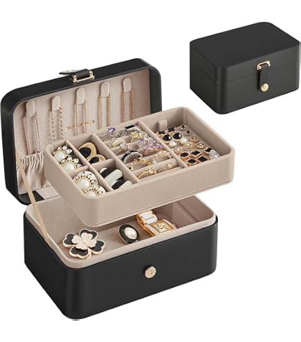 BELSVOR Boite A Bijoux Pour Femme Filles, Boite à Bijoux 2 Couches, Rangement Bijoux Verrouillable Avec Clef, Boite A Bijoux En Cuir Imperméable, Boite à Bijoux Pour Ranger Bagues/Colliers/Montres