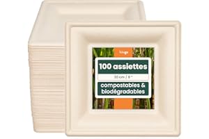 HAAGO 100 Assiettes Compostables en Canne à Sucre, 20 cm / 8" Carrées – Assiettes en Carton Épaisses, Anti-Graisse et Anti-Fuites – Biodégradables & Jetables pour Fêtes, Noël & Anniversaires