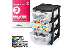 VIEIRA HOME Mueble almacenaje Plastico torre cajonera organizador cajones con ruedas archivador - Escritorio,Oficina, escuela,baño, sala de estar - Hecho en E.U (3 Cajones)