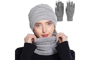 VPOOFREE Hat Scarf Gloves Set for Women Winter Knitted Scarves Beanie Hat and Gloves,Soft Warm Thick Skull Cap Circle Snoods Touch Screen Mitten for Ladies Outdoor Sports