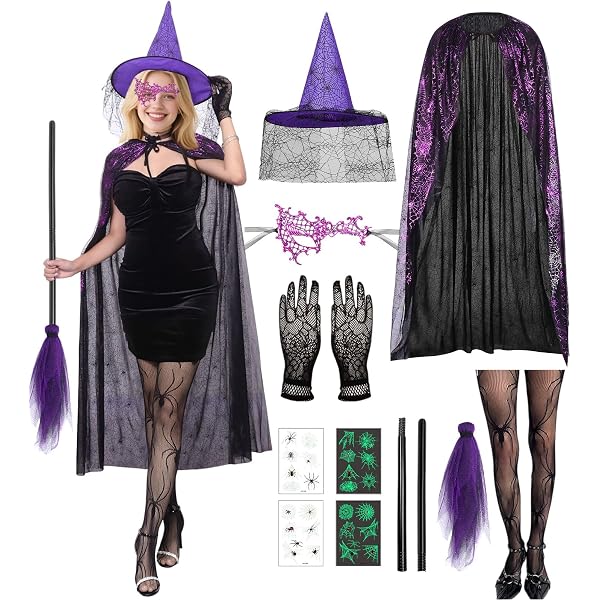 WZBBJuser Halloween Kostüm Damen, Gothic Hexenkostüm Damen, Con Hexenhut, Umhang, Strümpfe Mit Spinnennetz, Hexen-Augenmaske Aus Spitze, Press On Nails, Hexen Zubehör Für Halloween, Karnevalspartys