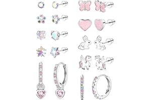 CASSIECA 10/12 Pairs Cute Flat Back Earrings for Women Girls Kids Hypoallergenic Surgical Steel Hoop Stud Earrings Heart Flower Butterfly Multicolored CZ Screw Back Earrings Set